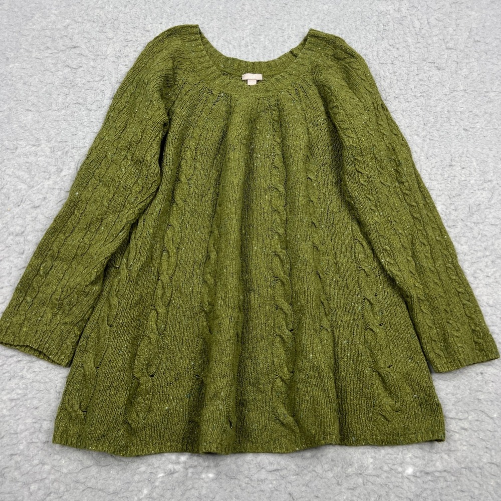 J. Jill Sweater Women's Large Green Wool Rope Cable Knit Crew Aran Cozy Pullover